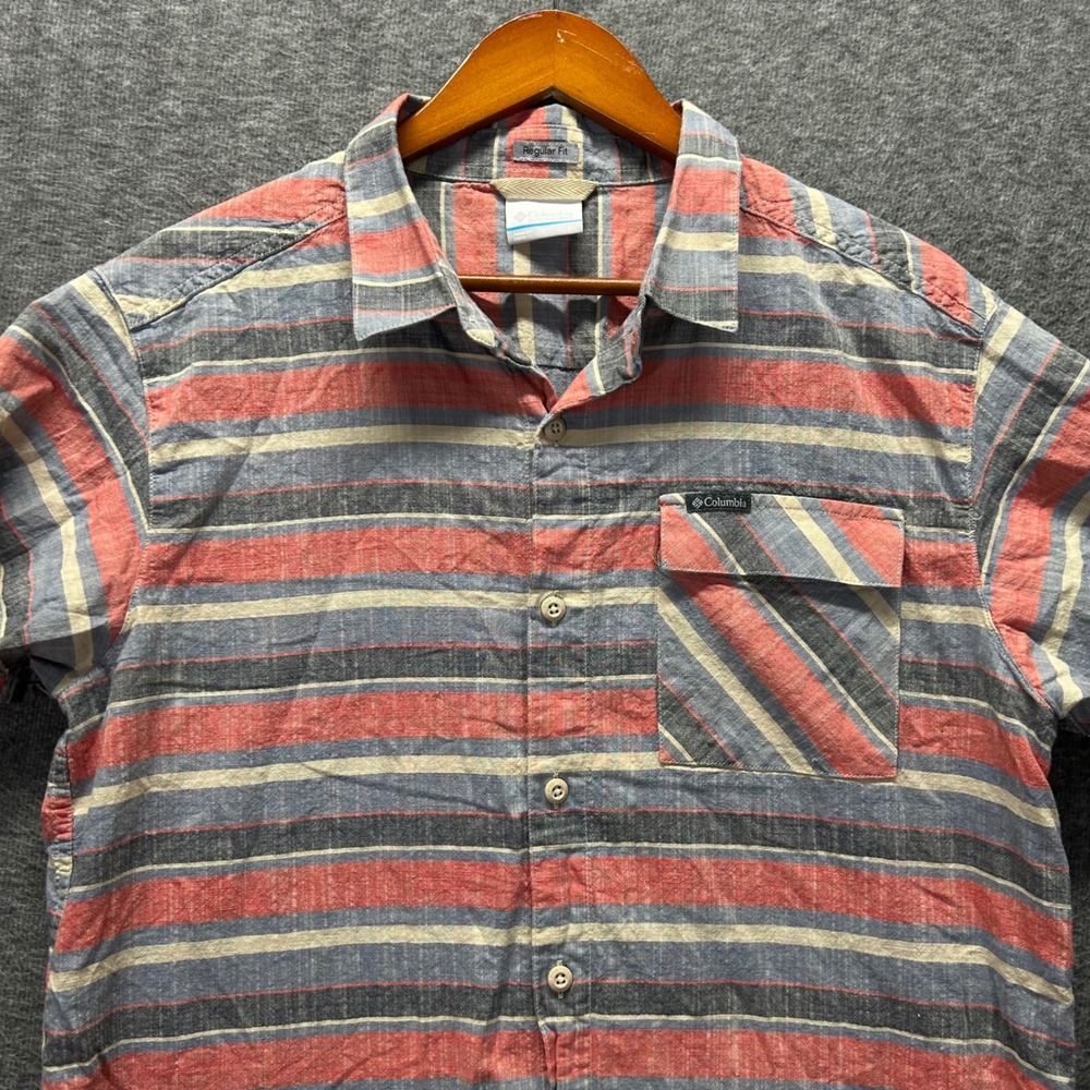 Columbia Men Regular Fit Short Sleeve Stripe Button Down Shirt Red Blue M XM4971